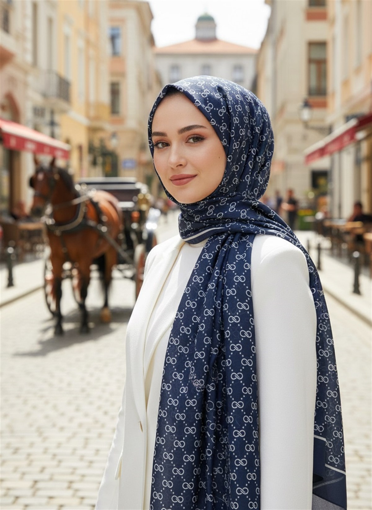 %100 İpek Minik Motif Desenli Lacivert - Krem Renkli 92x210 Şal