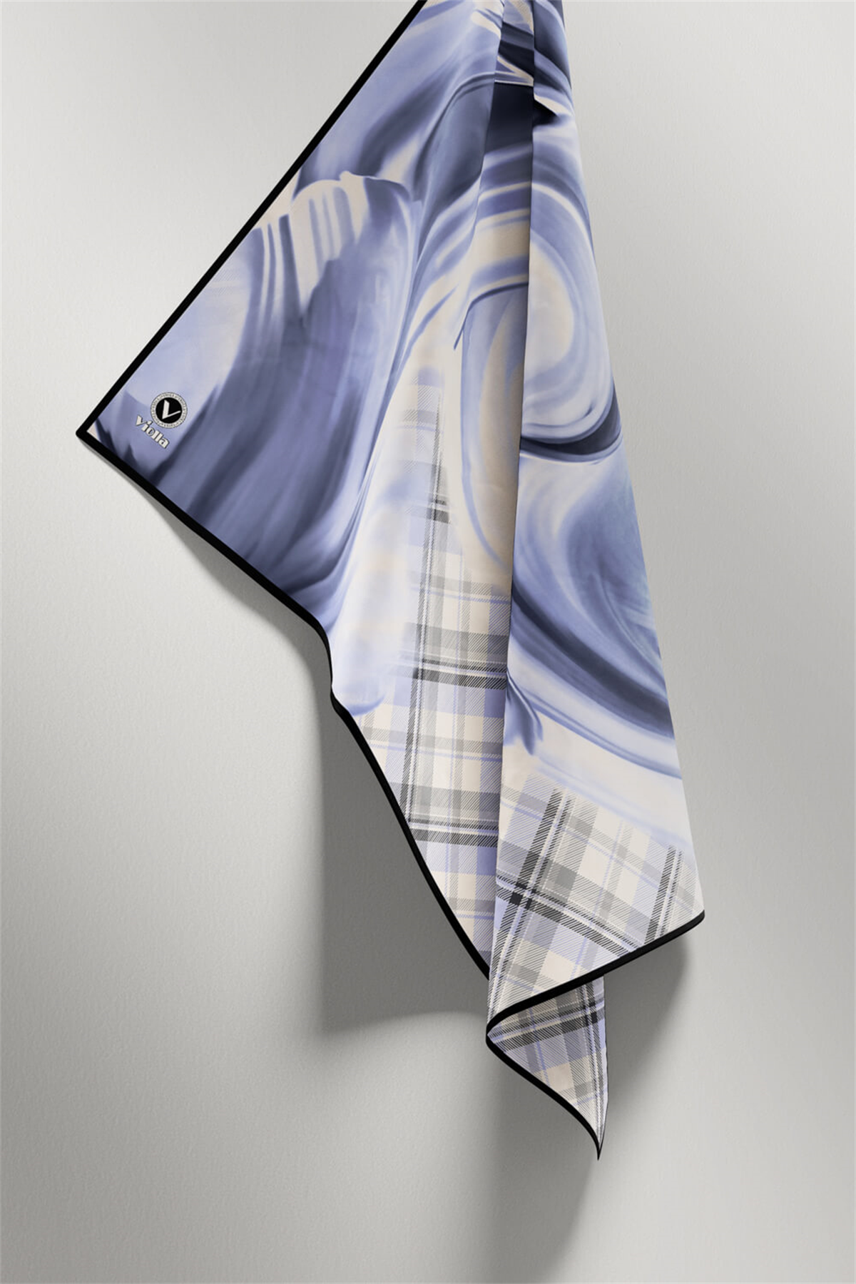 Twill Dalga ve Ekose Desenli İndigo Renkli 90x90 Eşarp (İpek İçermez)Kenar Dikiş Şekli El Dikişli