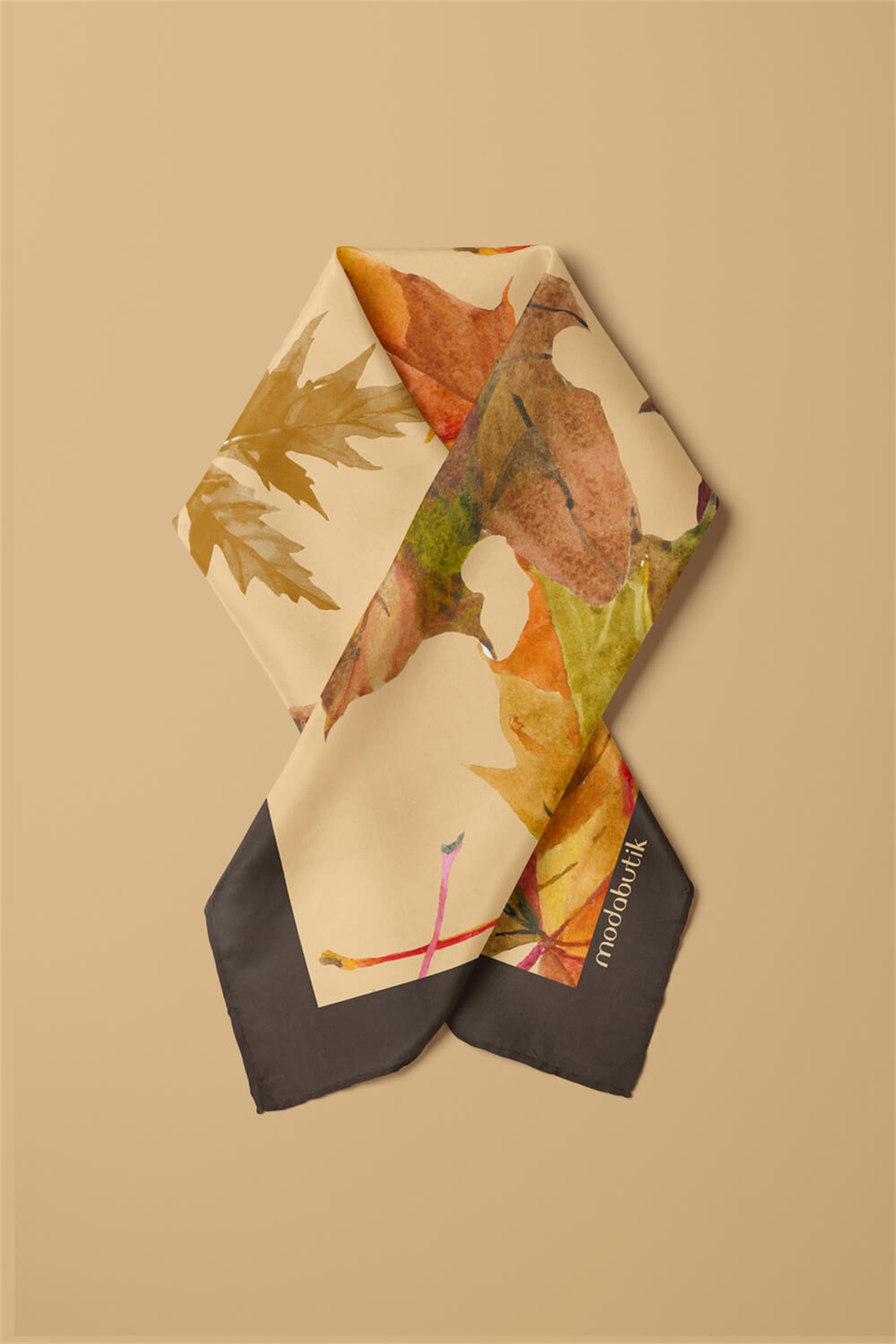 B107 Kadın Yaprak Desenli Bandana 50x50 Yeşil Kahverengi DG0437-22