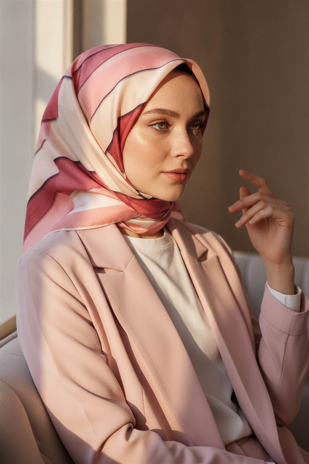% 57 İPEK % 43 VİSKON Twill Geometrik Bulut  Desenli Pudra Gül Kurusu  Renkli 90x90 Eşarp Dikim Şekli: El Dikişi
