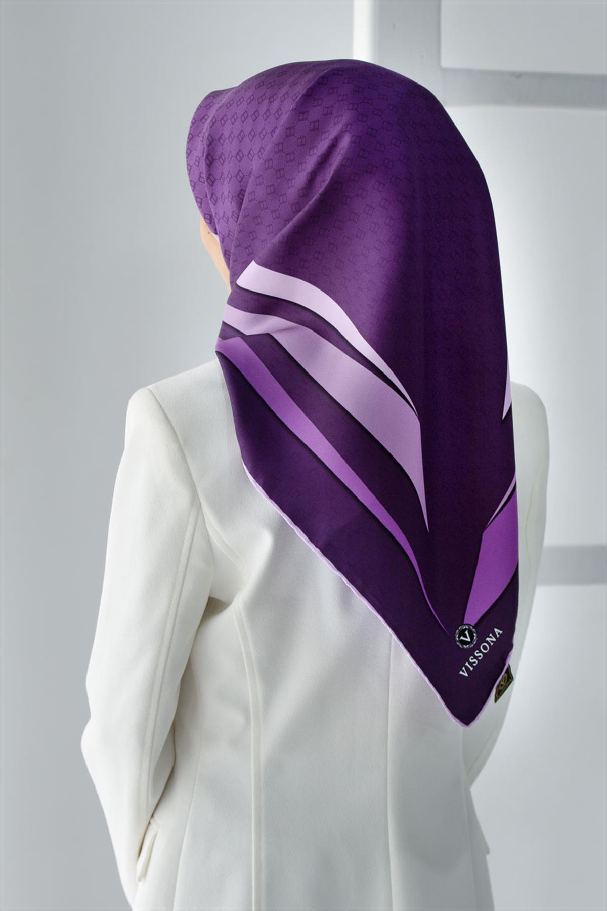 %100 Twill İpek Degrade Desenli Mor - Lila Renkli 90x90 Eşarp Dikim Şekli : El Dikişi