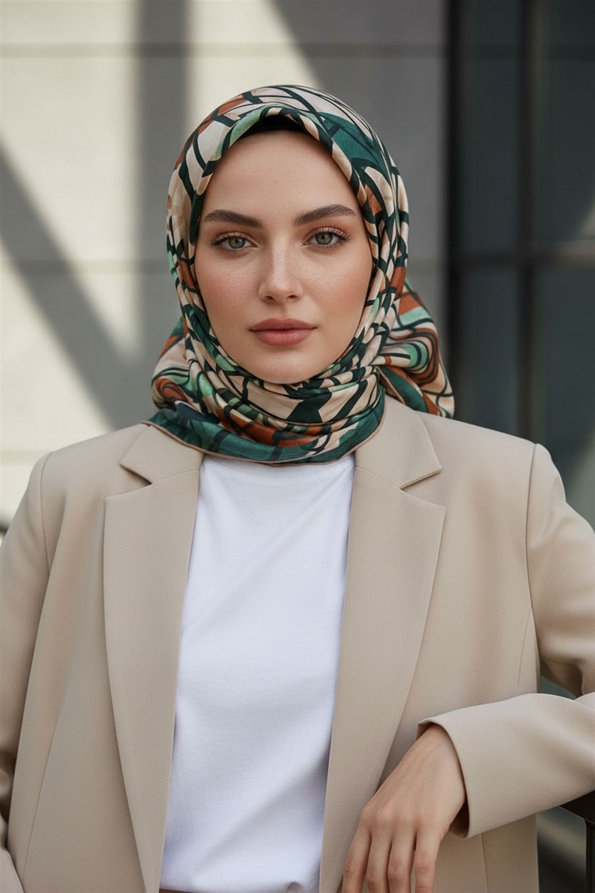 %100 Twill Renkli Petek Desenli Hardal - Petrol Yeşili Renkli 90x90 Eşarp Dikim Şekli: El Dikişii