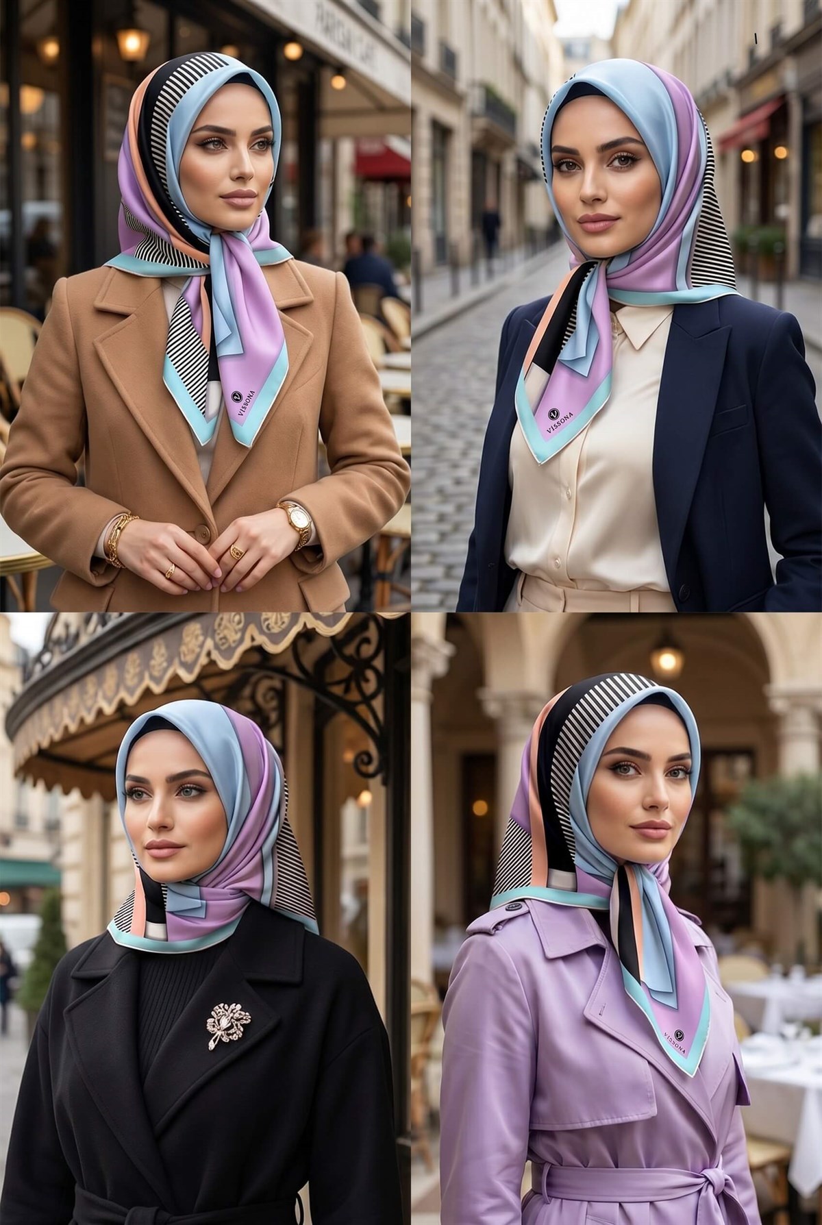 %100 Twill Renk Bloklu Çizgili Desenli Pudra - Bebe Mavisi Renkli 90x90 Eşarp Dikim Şekli: El Dikişii