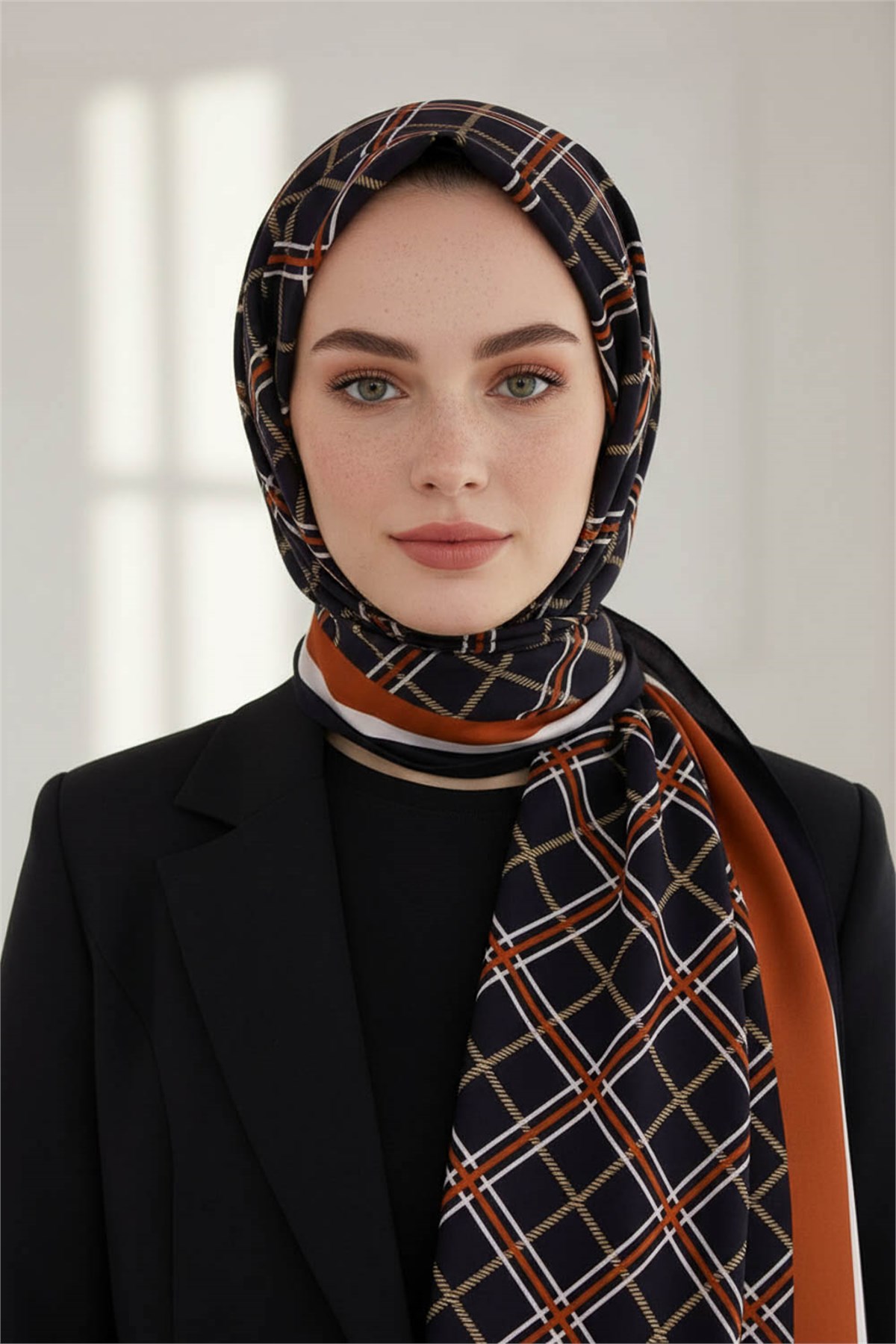 KREP EKOSE DESENLİ SİYAH - TABA RENKLİ 75X195 KIRIŞMAZ ŞAL