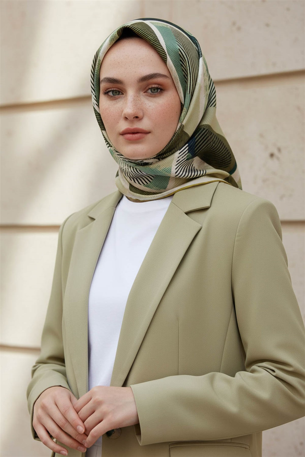 %100 Twill İpek Geometri Desenli Küf Yeşili - Krem Renkli 90x90 Eşarp Kenar Dikiş Şekli El Dikişli