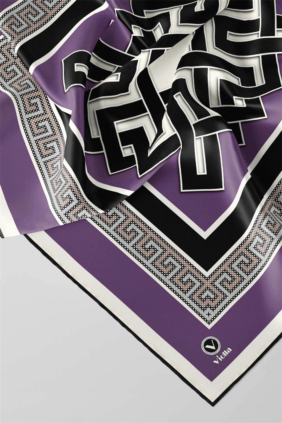 Twill Çizgili Sonsuzluk Düğümü Desenli Lila Renkli 90x90 Eşarp (İpek İçermez)
