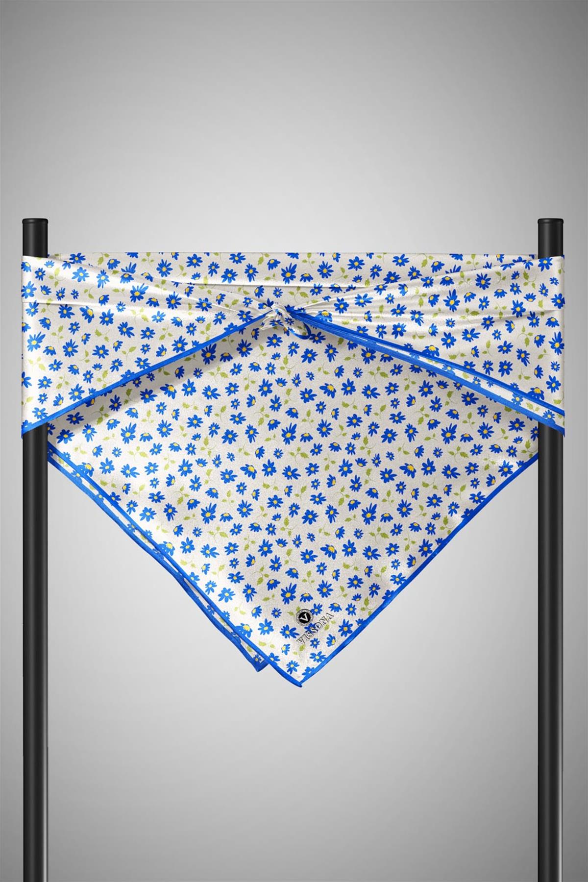 %100 Twill İpek Papatya Desenli Krem - Saks Renkli 90x90 Eşarp Dikim Şekli : El Dikişi