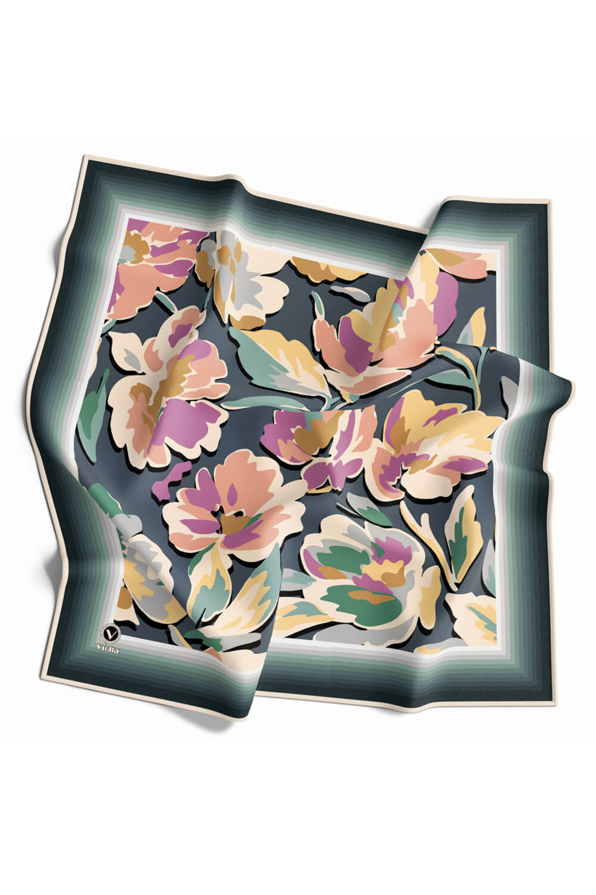 Rayon Büyük Çiçekli Petrol Yeşili Renkli 90x90 Eşarp (İpek İçermez) Kenar Dikiş Şekli El Dikişli