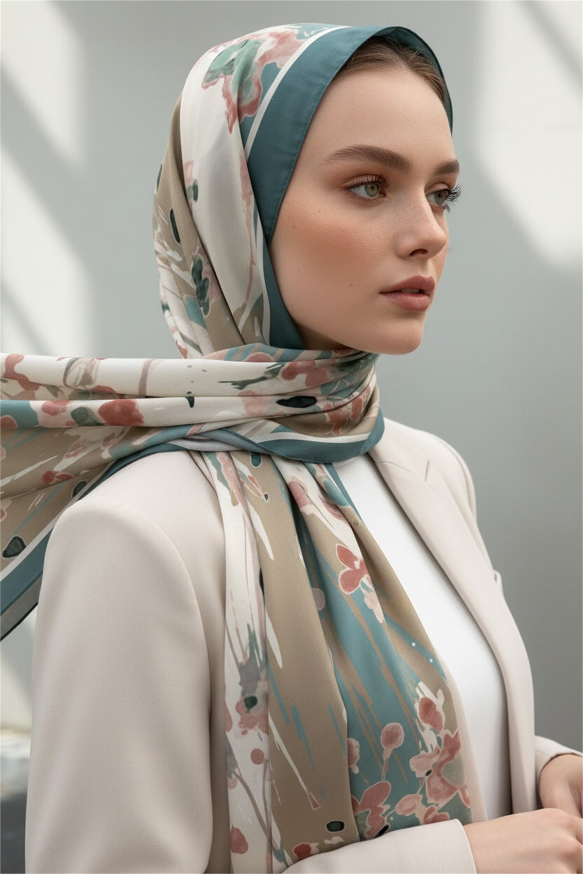 KREP BAHAR DALI DESENLİ KOYU MİNT YEŞİLİ RENKLİ 75X195 KIRIŞMAZ ŞAL