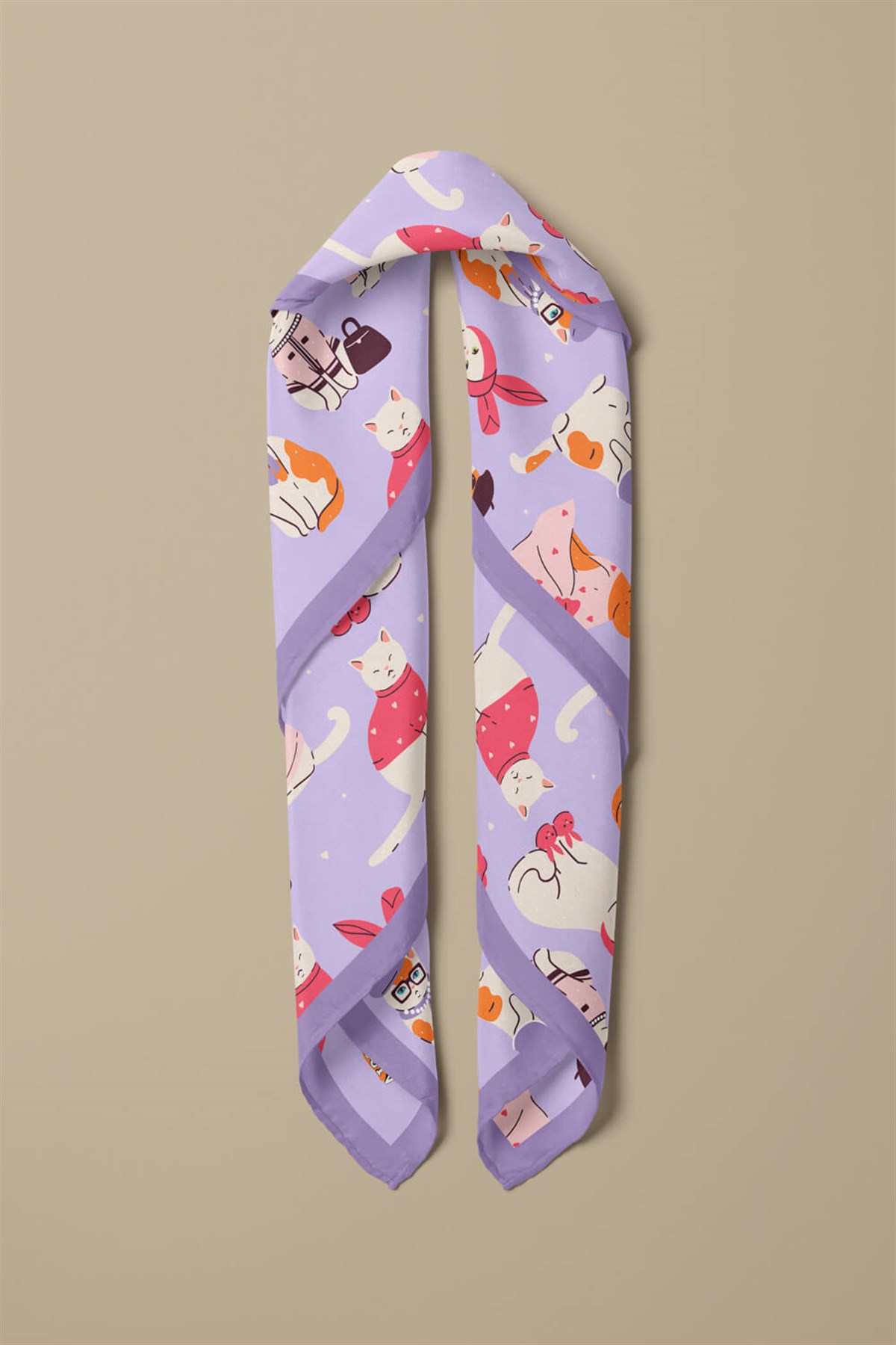 %100 İpek Süslü Kedi Desenli Kadın Bandana