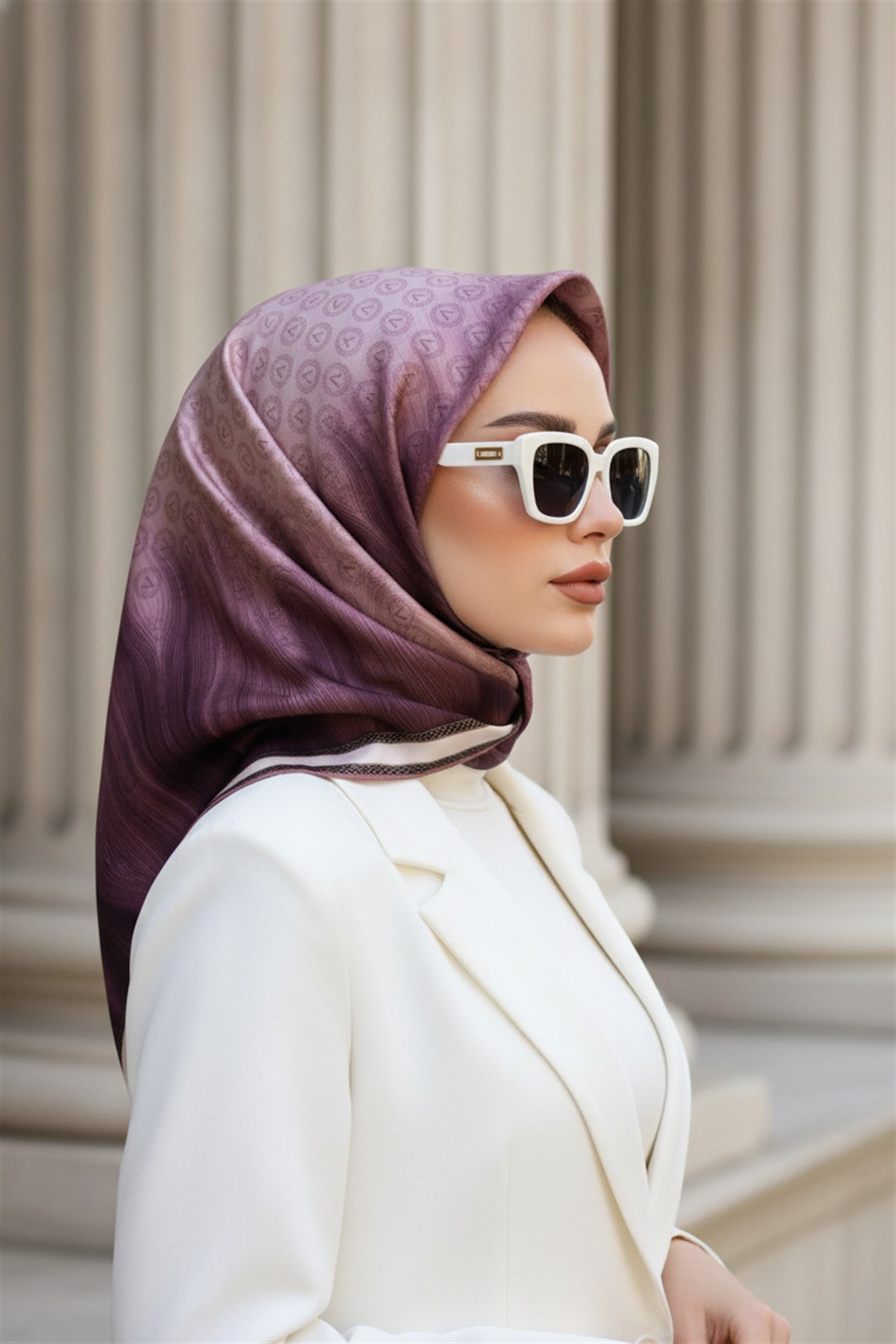 100% Twill İpek Monogram Desenli Pudra Renkli 90x90 Dikim Şekli : El Dikişi Eşarp