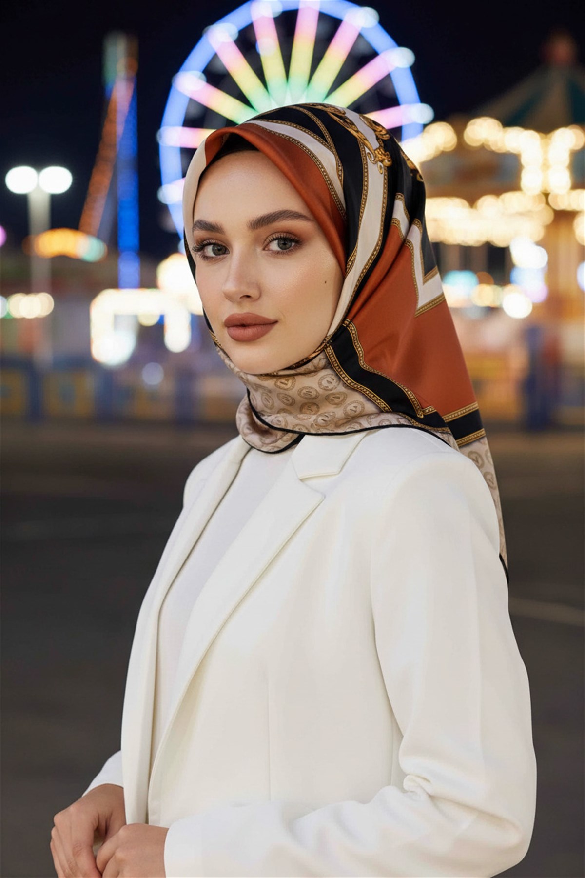 %100 Twill İpek Monogram ve Barok Desenli Krem - Taba Renkli 90x90 Eşarp Dikim Şekli : El Dikişi