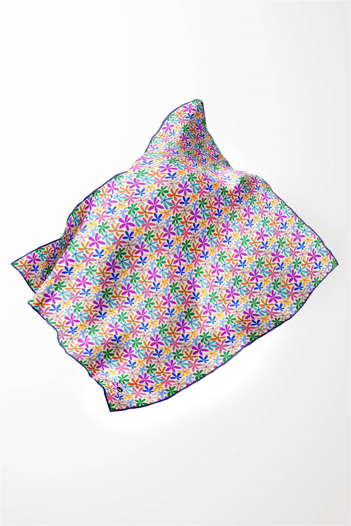 Twill Renkli Çiçek Desenli Lacivert Renkli 90x90 Eşarp (İpek İçermez) Kenar Dikiş Şekli El Dikişli