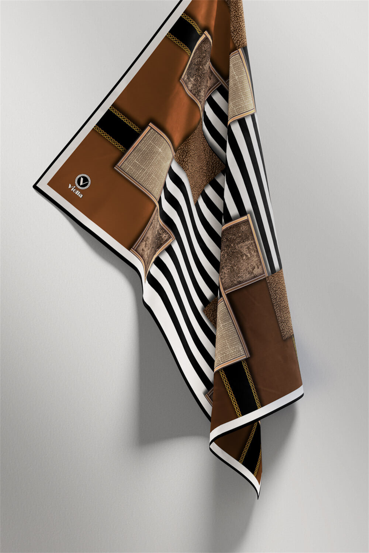 Twill Geometrik Ve Çizgili Desenli Taba Renkli 90x90 Eşarp (İpek İçermez) Dikim Şekli : El Dikişi