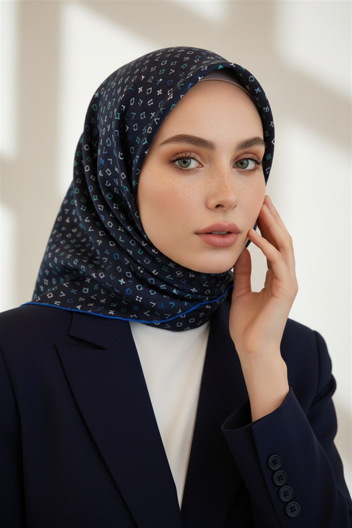 %100 Twill İpek Çıtır Motif Desenli Lacivert - İndigo Renkli 90x90 Eşarp Dikim Şekli : El Dikişi