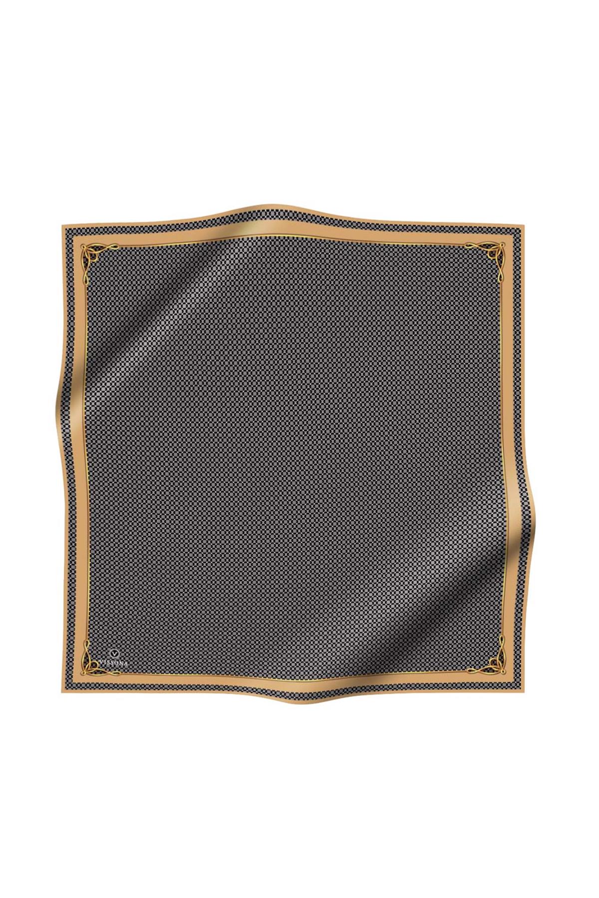 %100 Twill İpek Minik Motif Desenli Siyah - Gold Renkli 90x90 Eşarp Dikim Şekli : El Dikişi