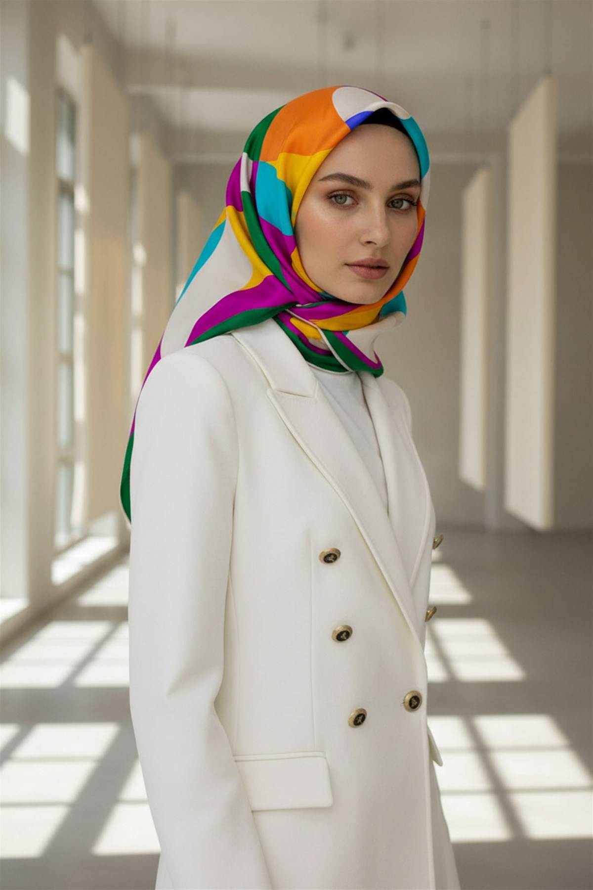 %100 Twill Renk Bloklu Çizgili Desenli Zümrüt Yeşili - Taba Renkli 90x90 Eşarp Dikim Şekli: El Dikişii