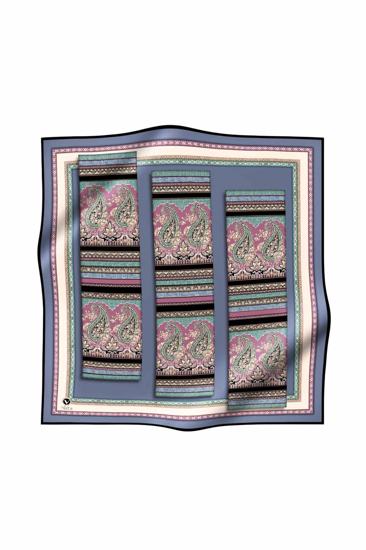 Twill Şal Desenli İndigo Renkli 90x90 Eşarp (İpek İçermez) Kenar Dikiş Şekli El Dikişli