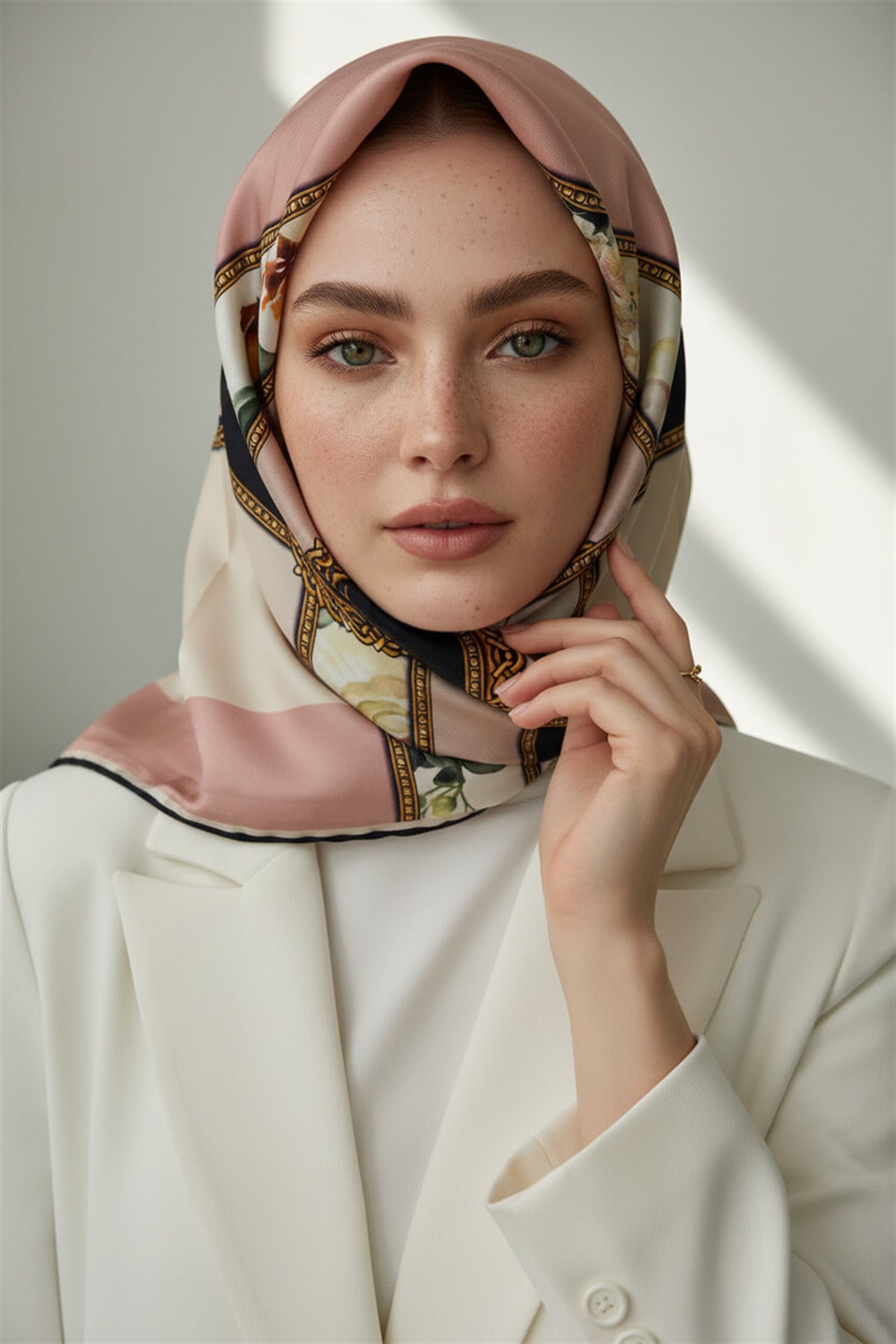 100% Twill İpek Şeritli Çiçek Desenli Pudra - Krem Renkli 90x90 Dikim Şekli : El Dikişi Eşarp