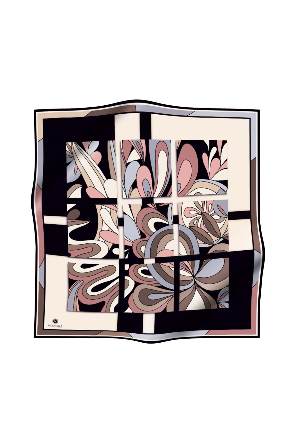 % 57 İPEK % 43 VİSKON Twill İpek Geometrik Desenli Gri - Pudra Renkli 90x90 Dikim Şekli : El Dikişi Eşarp