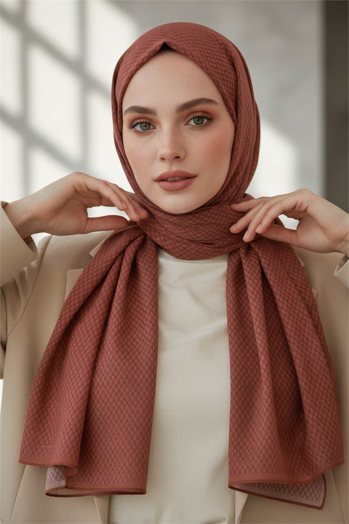 KREP HASIR DESENLİ BAKIR RENKLİ 75X195 KIRIŞMAZ ŞAL