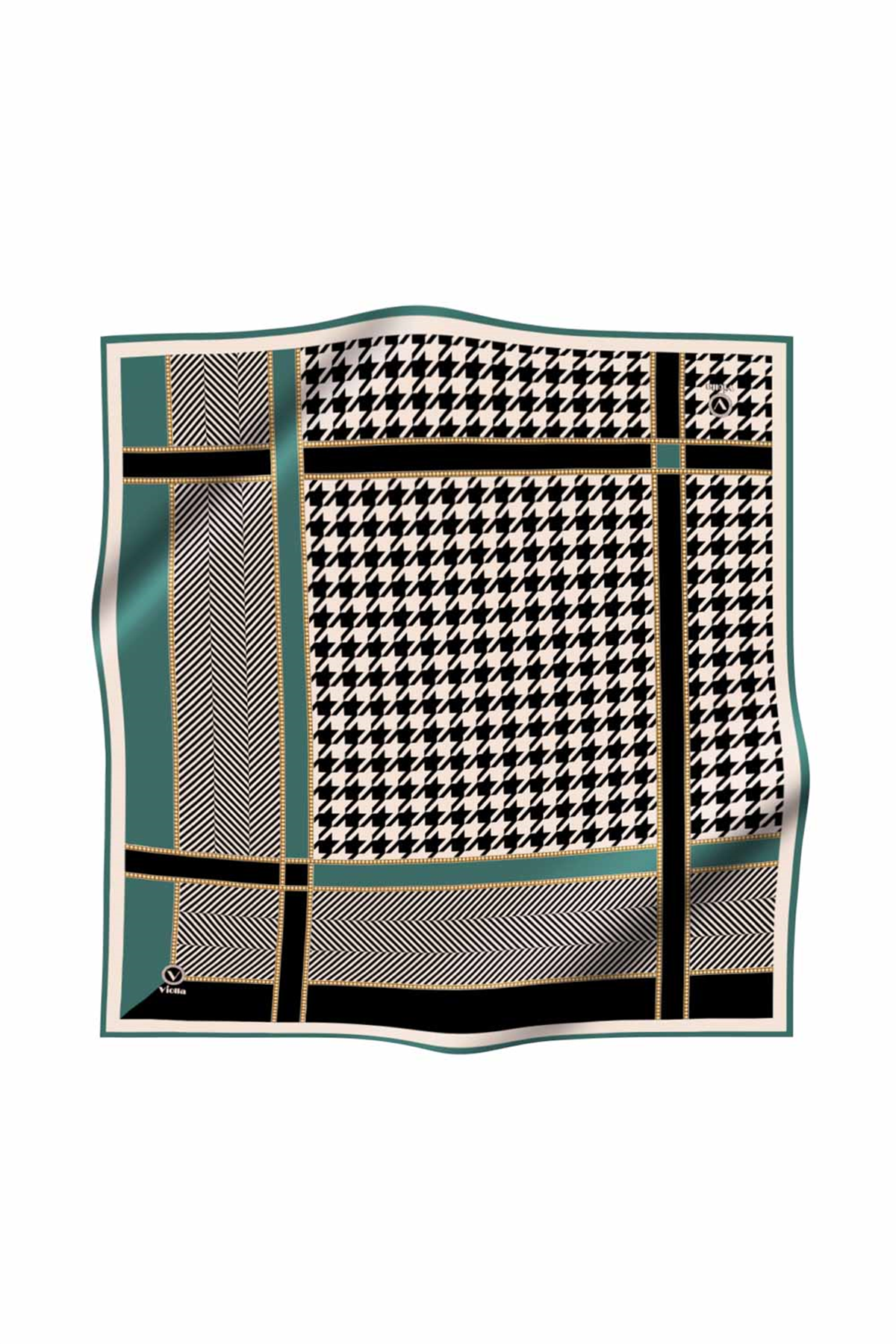 Twill Kazayağı Desenli Koyu Mint Yeşili Renkli 90x90 Eşarp (İpek İçermez) Kenar Dikiş Şekli El Dikişli