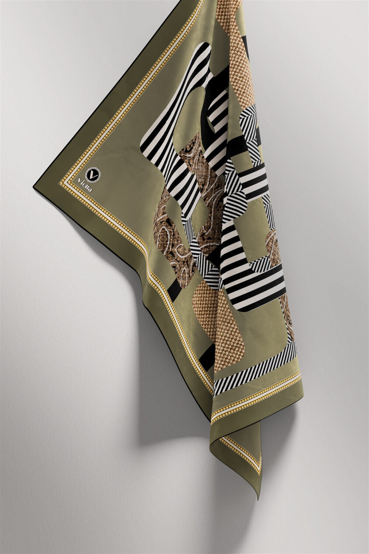Twill Geometrik Desenli Haki Renkli 90x90 Eşarp (İpek İçermez) Kenar Dikiş Şekli El Dikişli