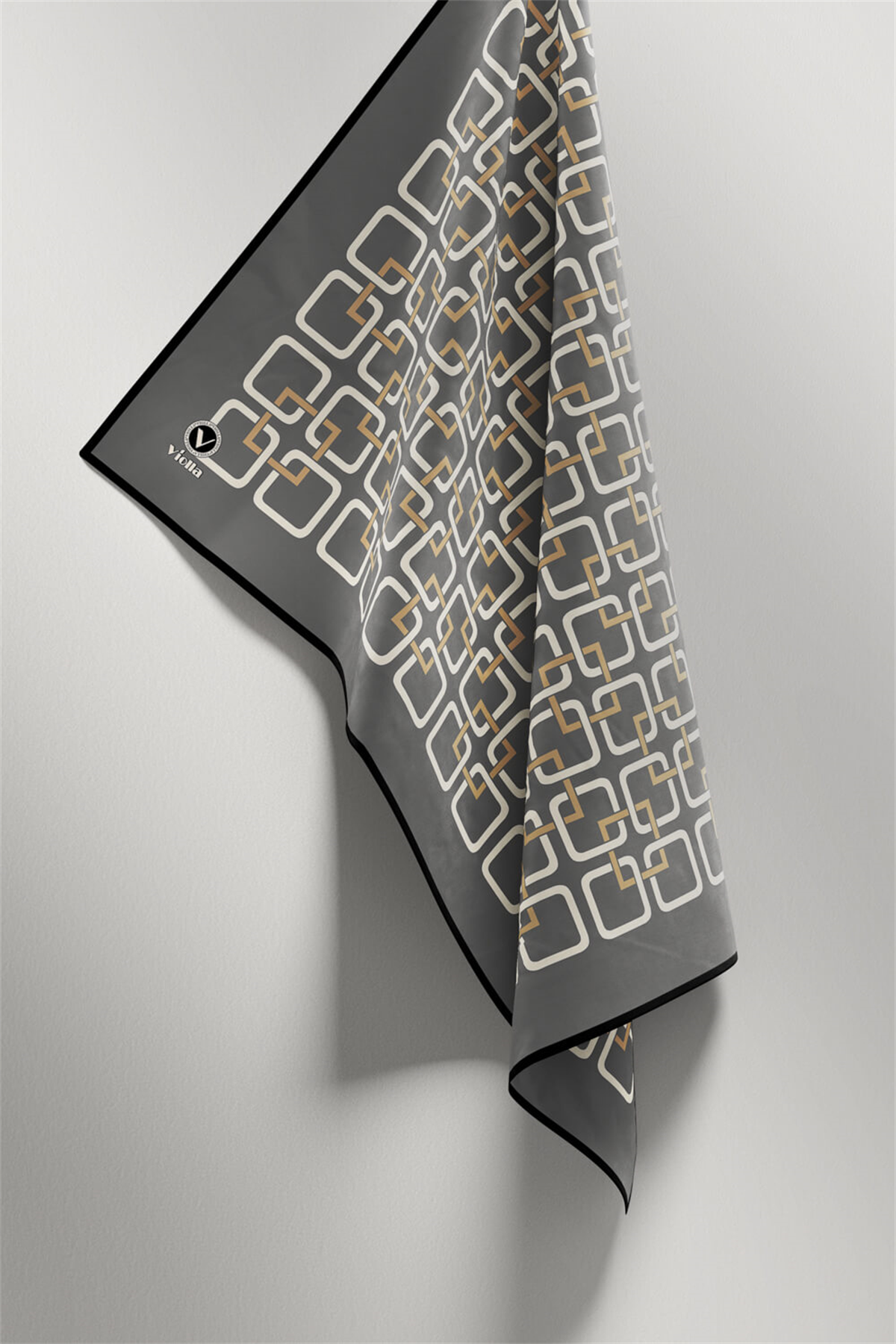Twill Geometrik Desenli Gri Renkli 90x90 Eşarp (İpek İçermez) Kenar Dikiş Şekli El Dikişli