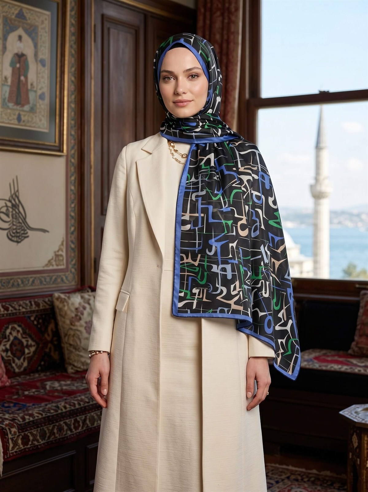 100% İPEK ÇİZGİLİ DESENLİ ZÜMRÜT YEŞİLİ - SAKS RENKLİ ŞAL