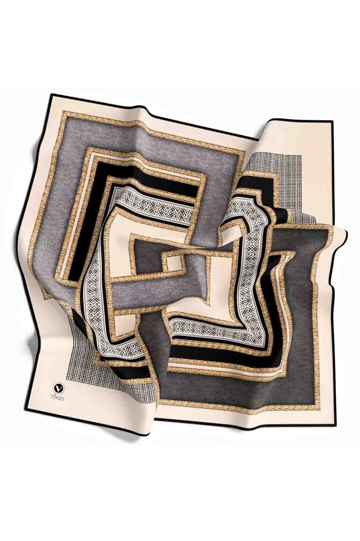 Twill Geometrik Desenli Gri Renkli 90x90 Eşarp (İpek İçermez) Dikim Şekli : El Dikişi