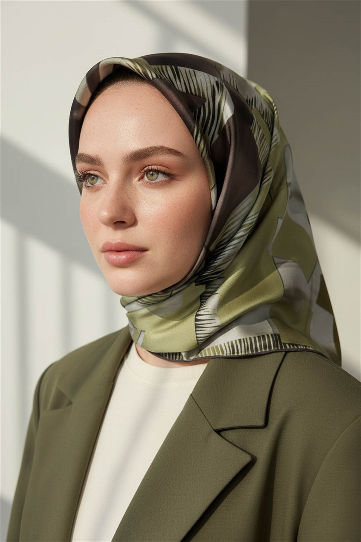 %100 Twill İpek Geometrik Desenli Yağ Yeşili - Sütlü Kahve Renkli 90x90 Eşarp Dikim Şekli : El Dikişi