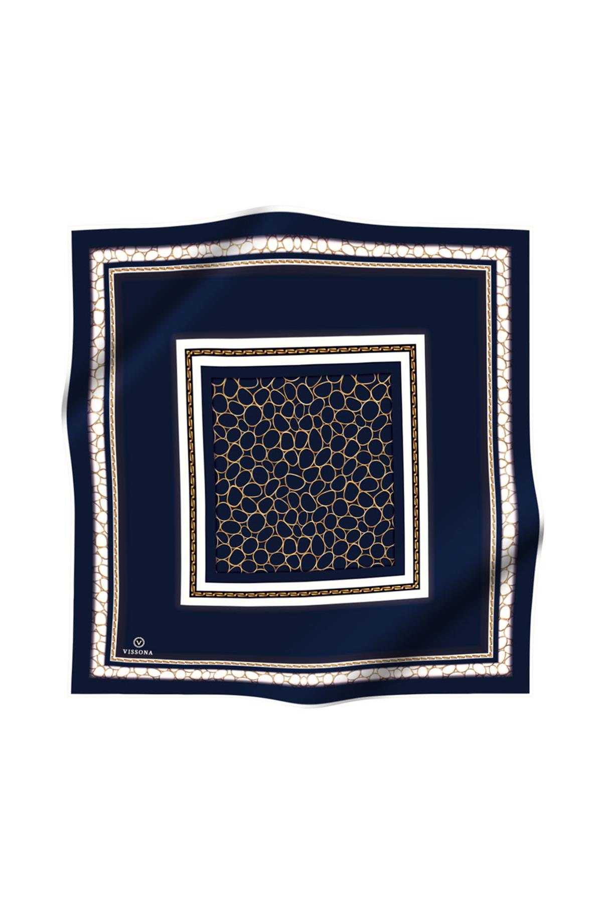 %100 Twill İpek Gold Halka Desenli Lacivert - Krem Renkli 90x90 Eşarp Dikim Şekli : El Dikişi