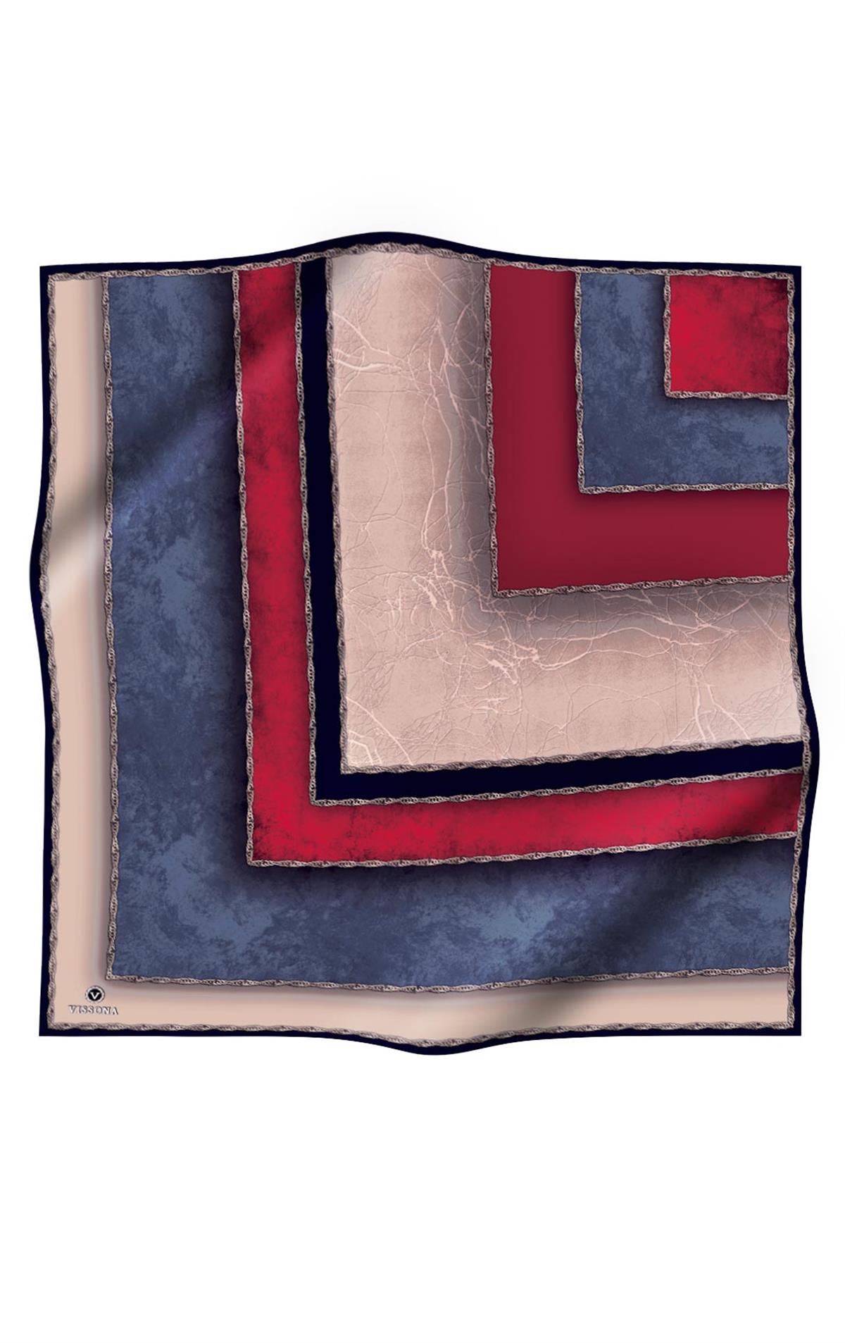 %100 Twill İpek Dokulu Geometrik Desenli Bordo - İndigo Renkli 90x90 Eşarp Dikim Şekli : El Dikişi