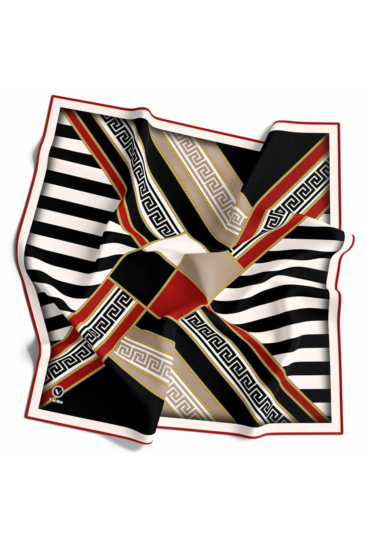 Twill Çizgili Geometrik Desenli Kırmızı Renkli 90x90 Eşarp (İpek İçermez) Kenar Dikiş Şekli El Dikişli
