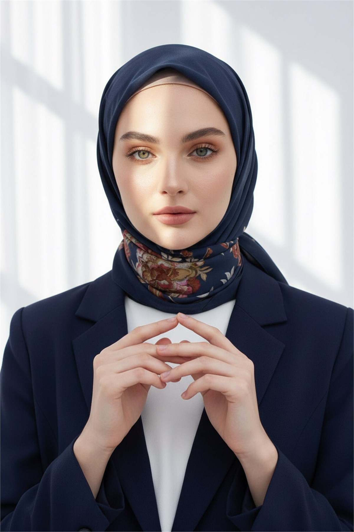 KREP NAKIŞ ÇİÇEK DESENLİ LACİVERT RENKLİ 75X195 KIRIŞMAZ ŞAL