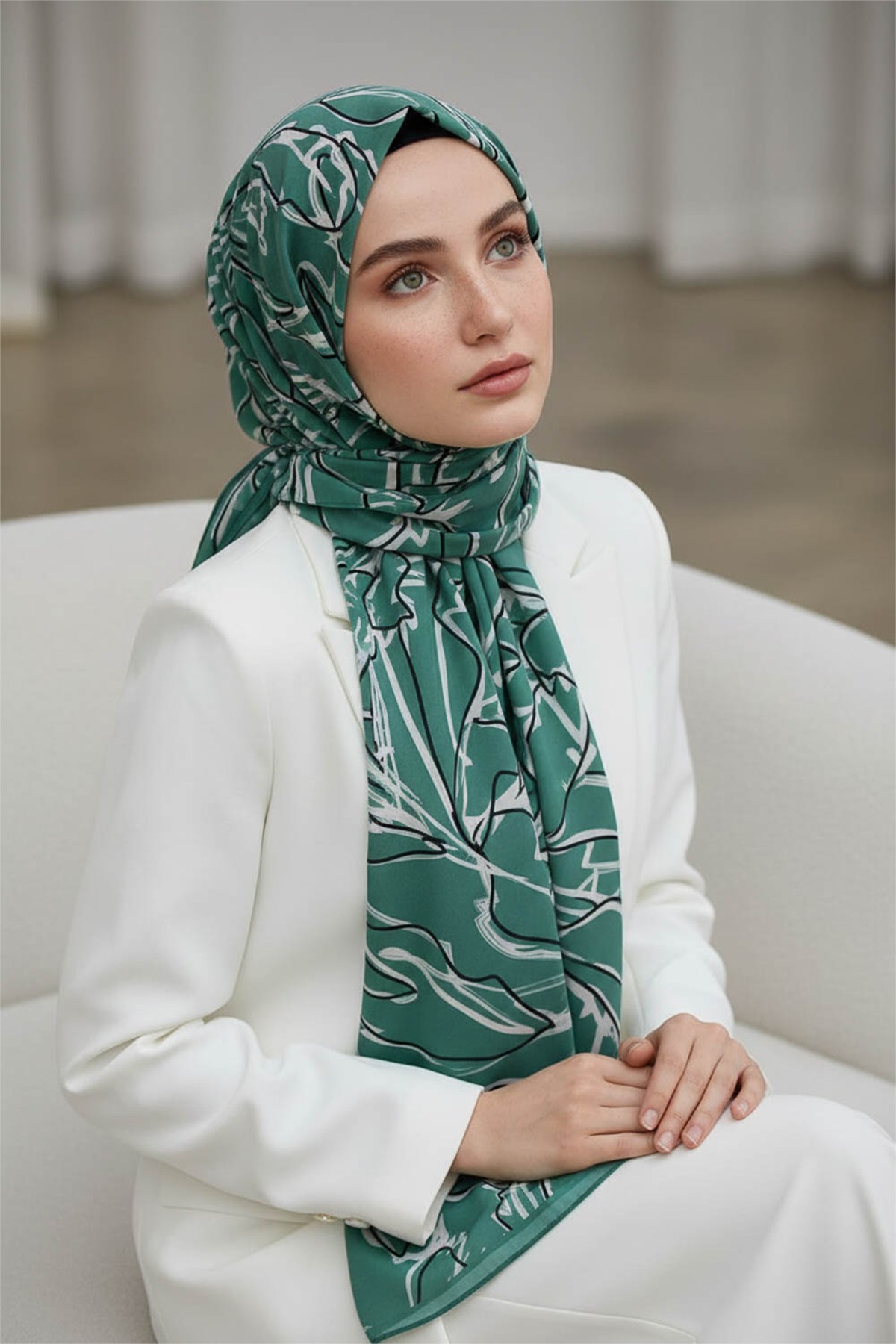 KREP YAPRAK DESENLİ KOYU MİNT YEŞİLİ RENKLİ 75X195 KIRIŞMAZ ŞAL