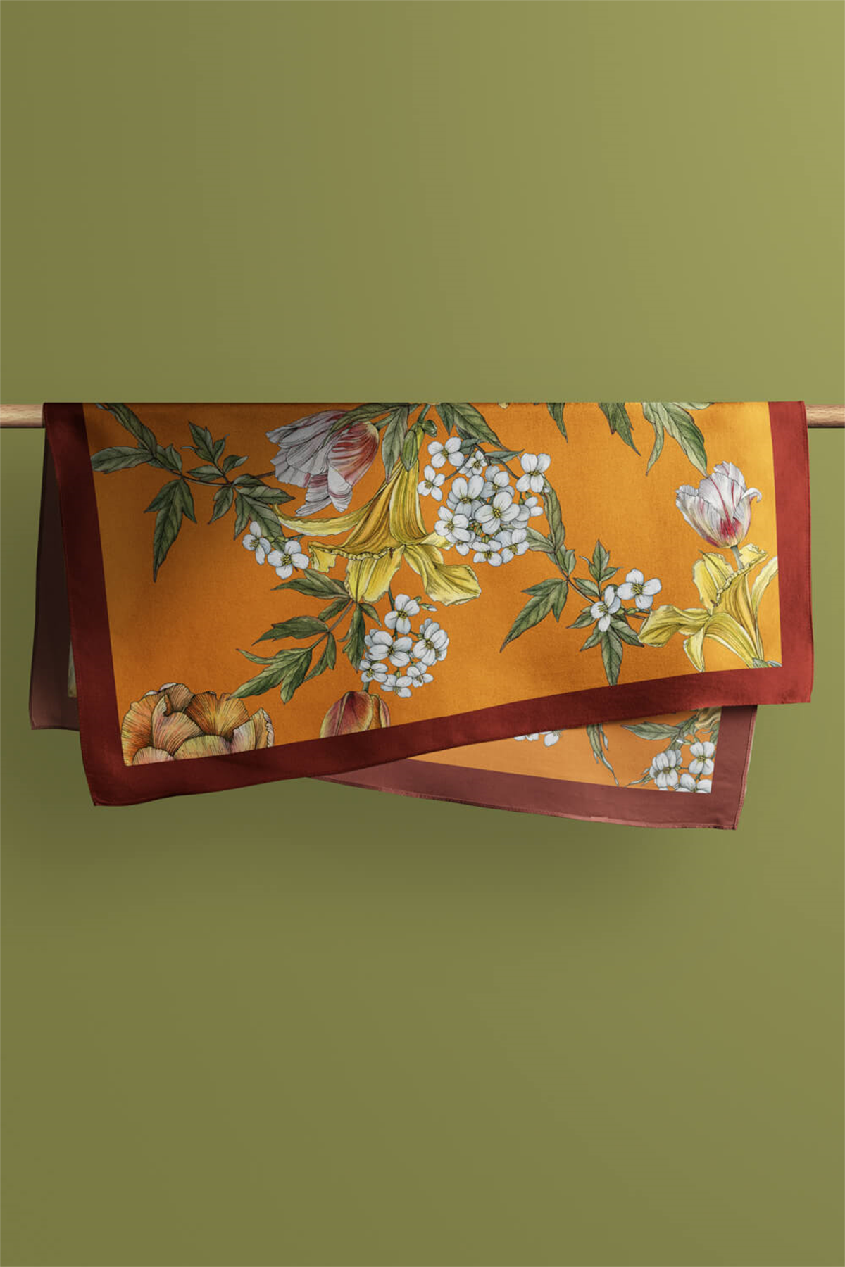 Kadın Çiçek Desenli Bandana 50x50 Turuncu Sarı Beyaz DG0477-22 Snz