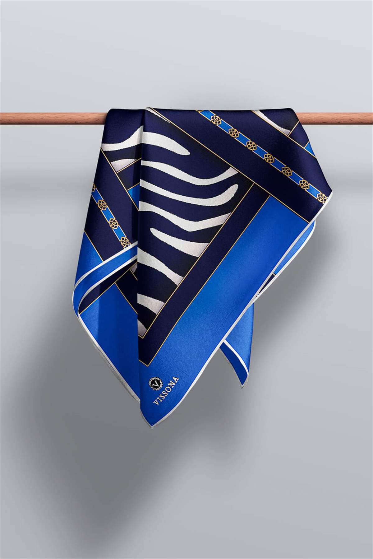 %100 Twill İpek Zebra Desenli Saks - Lacivert  Renkli 90x90 Eşarp Kenar Dikiş Şekli El Dikişli