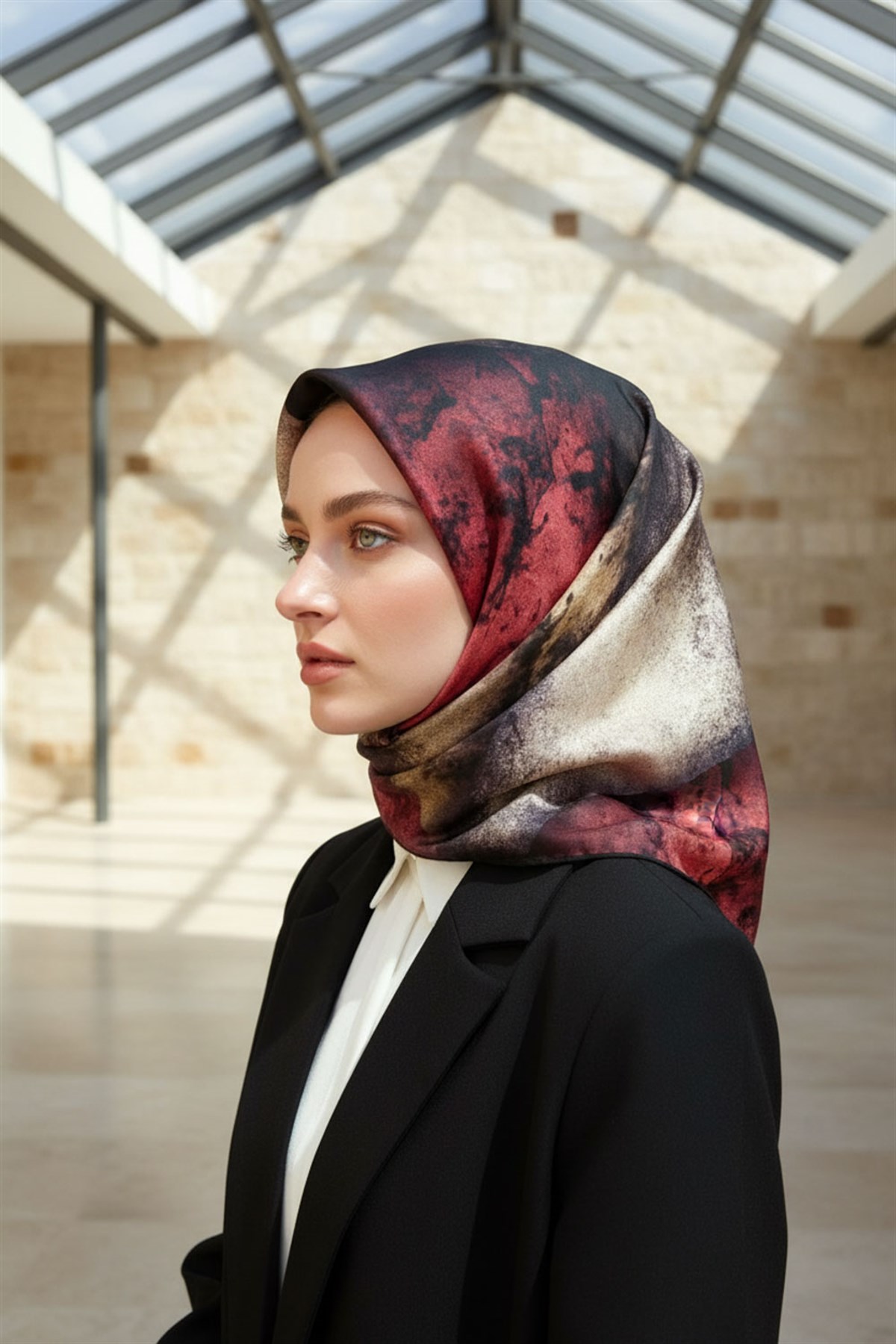 % 57 İPEK % 43 VİSKON Twill İpek Dokulu Ve Geometrik Desenli Bordo - Bej Renkli 90x90 Eşarp Dikim Şekli : El Dikişi