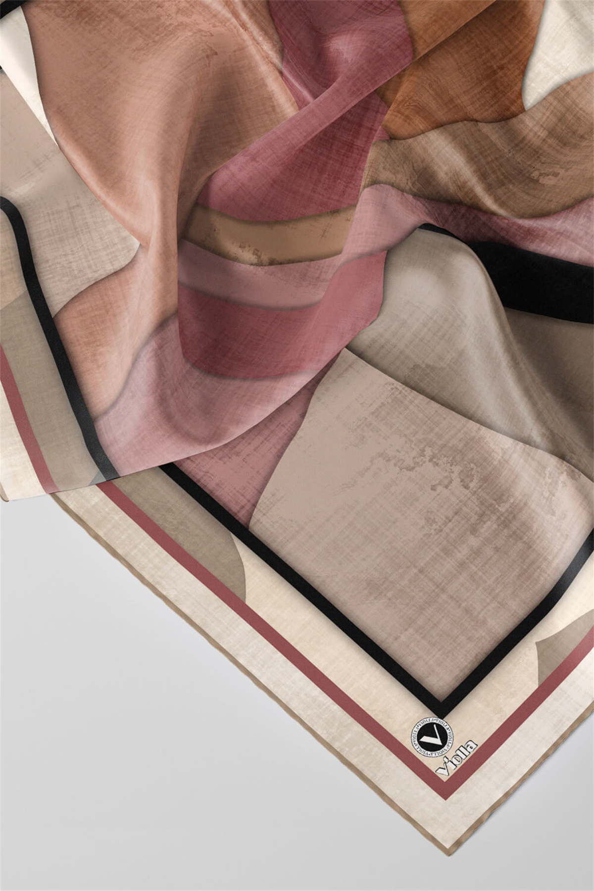 Twill Geometrik Desenli Bej Renkli 90x90 Eşarp (İpek İçermez) Kenar Dikiş Şekli El Dikişli