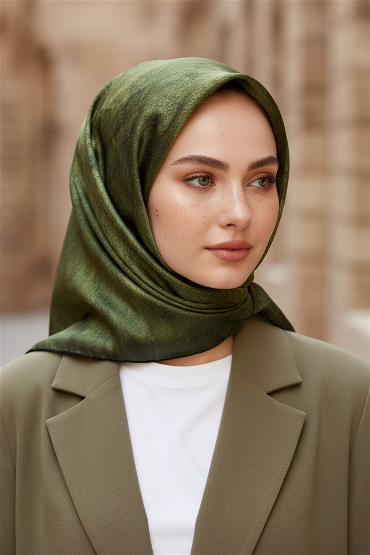 %100 Twill İpek Doku Desenli Haki Renkli 90x90 Eşarp Dikim Şekli : El Dikişi