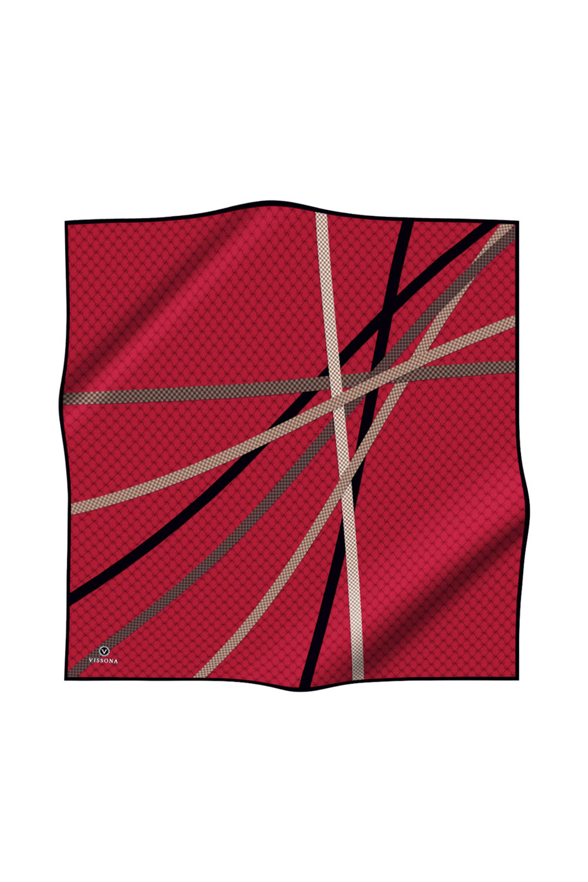 %57 İPEK %43 VİSKON Twill İpek Monogram Ve Şerit Desenli Bordo - Siyah Renkli 90x90 Eşarp Dikim Şekli : El Dikişi
