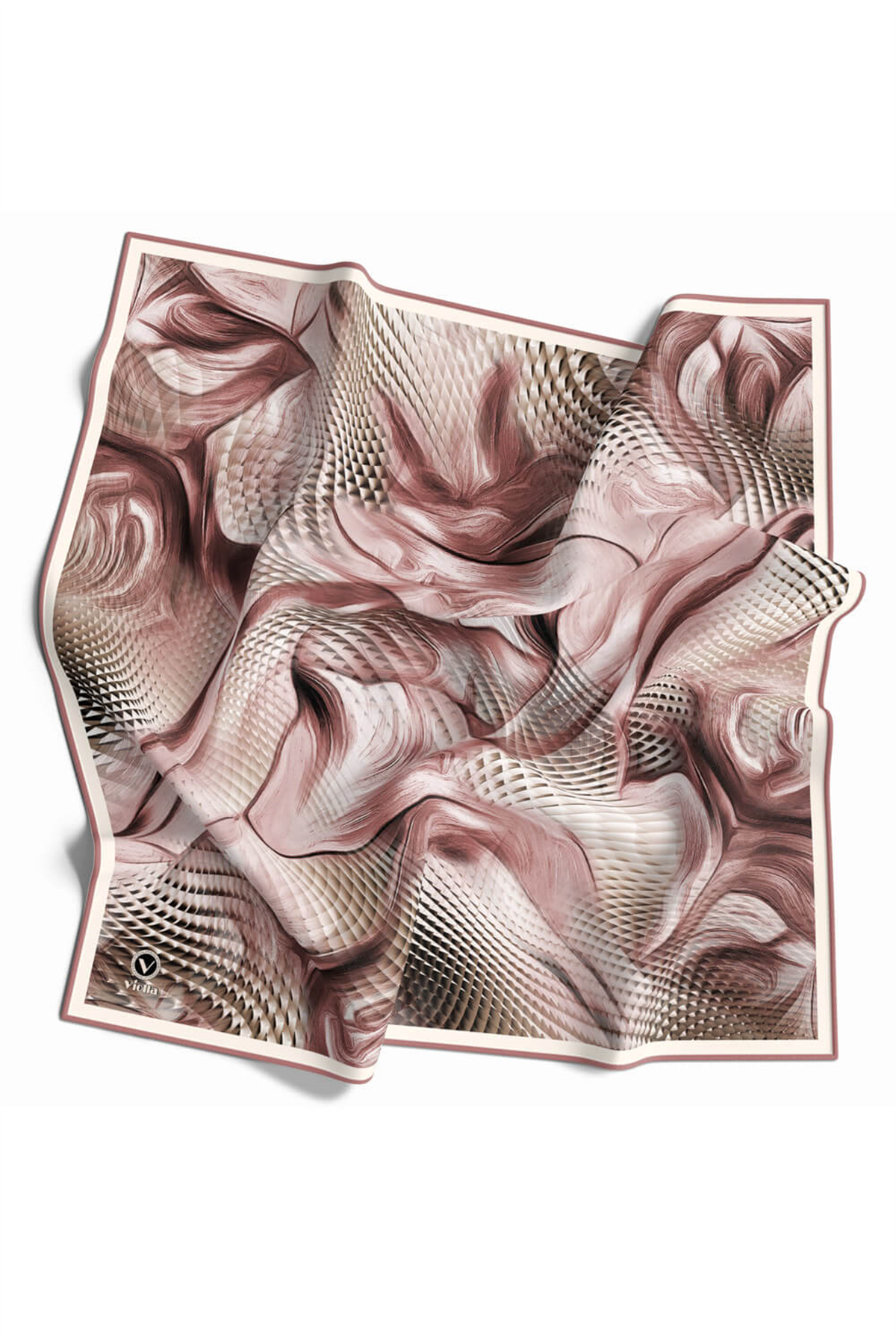 Twill Geometrik Ve Dalga Desenli Pudra Renkli 90x90 Eşarp (İpek İçermez) Dikim Şekli : El Dikişi