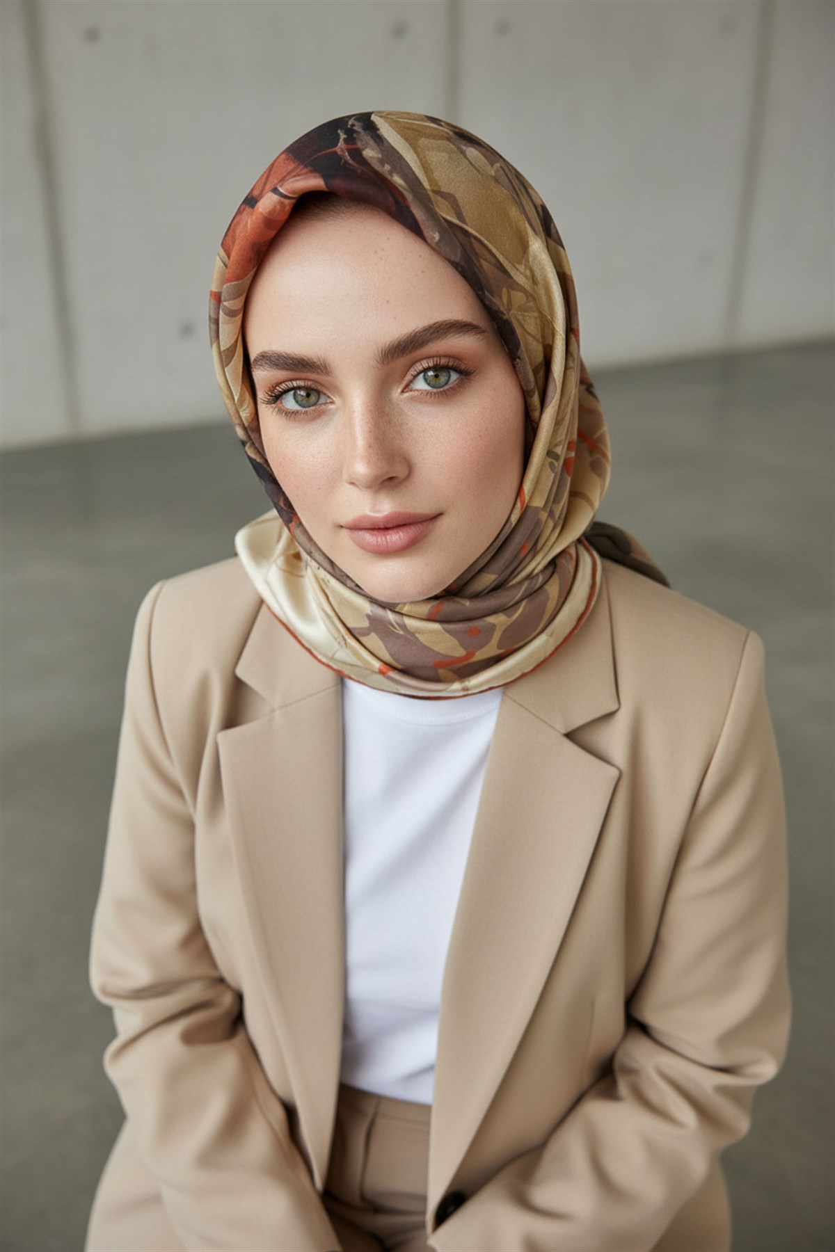 %100 Twill İpek Çiçekli Sulu Boya Dalga Desenli Bej - Taba Renkli 90x90 Eşarp Dikim Şekli : El Dikişi