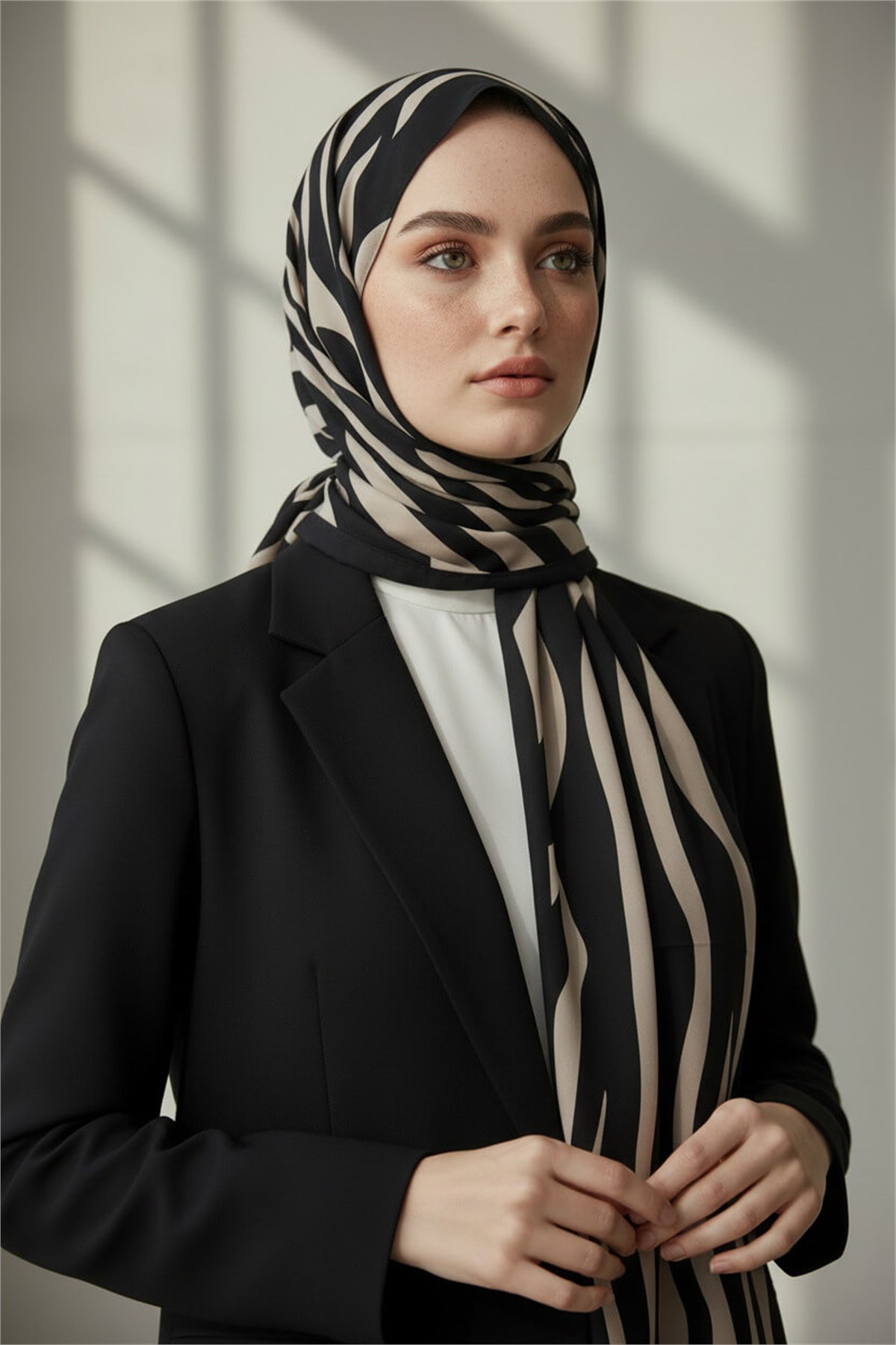KREP KIRIŞMAZ ŞAL ZEBRA DESENLİ SİYAH - SÜTLÜKAHVE RENKLİ 75X190