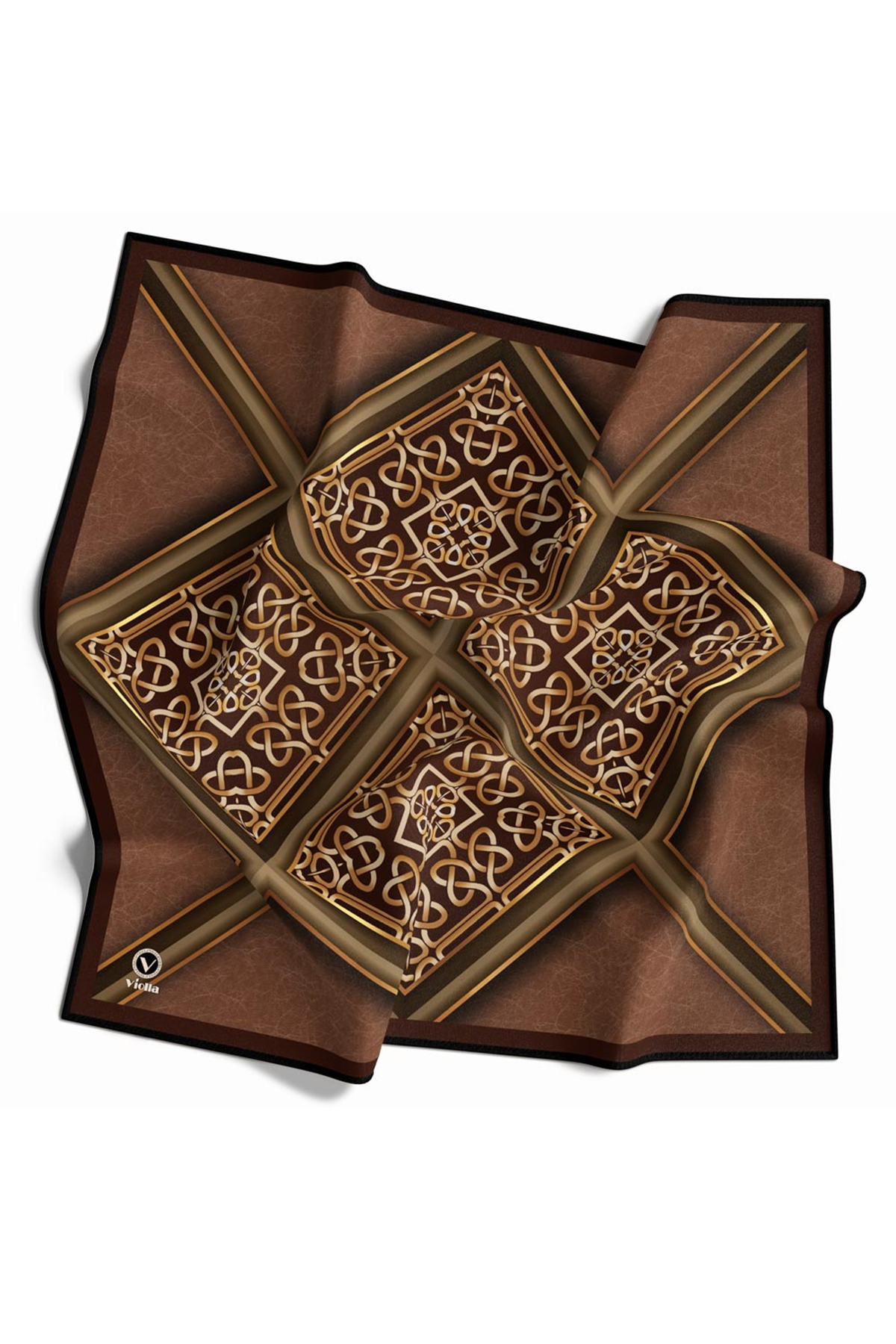 Twill Gold Çerçeveli Barok Desenli Bakır Renkli 90x90 Eşarp (İpek İçermez) Kenar Dikiş Şekli El Dikişli