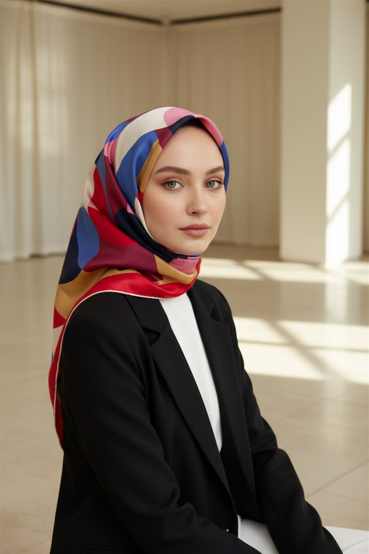%100 Twill Renk Bloklu Çizgili Desenli Kırmızı - Lacivert Renkli 90x90 Eşarp Dikim Şekli: El Dikişii