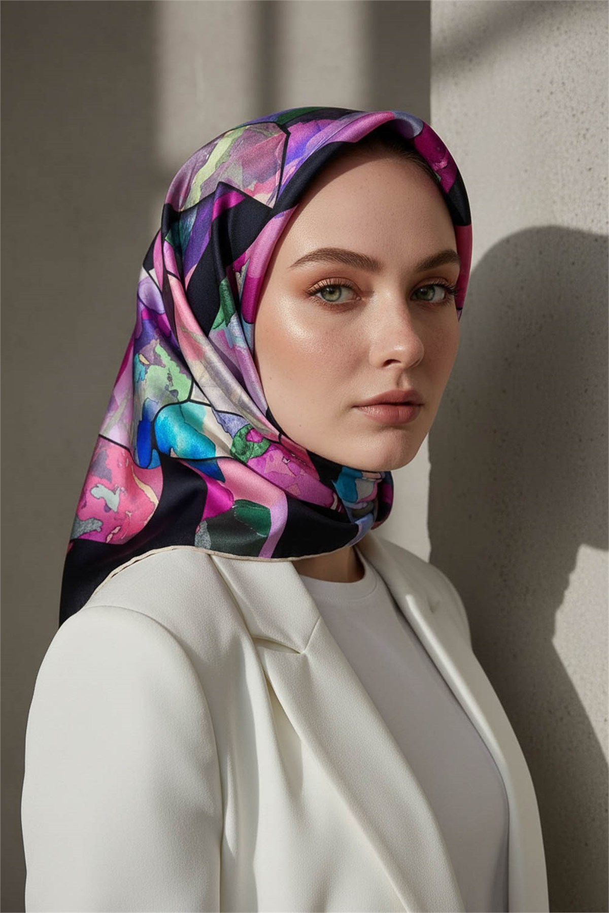 %100 Twill İpek Bahar Çiçekleri Desenli Lacivert - Fuşya Renkli 90x90 Eşarp Kenar Dikiş Şekli El Dikişli