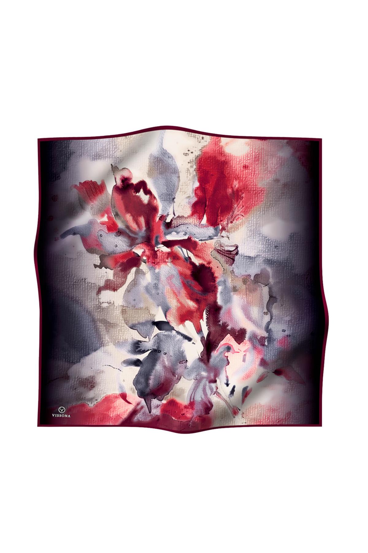 %100 Twill İpek Suluboya Çiçek Desenli Siyah - Bordo Renkli 90x90 Eşarp Dikim Şekli : El Dikişi