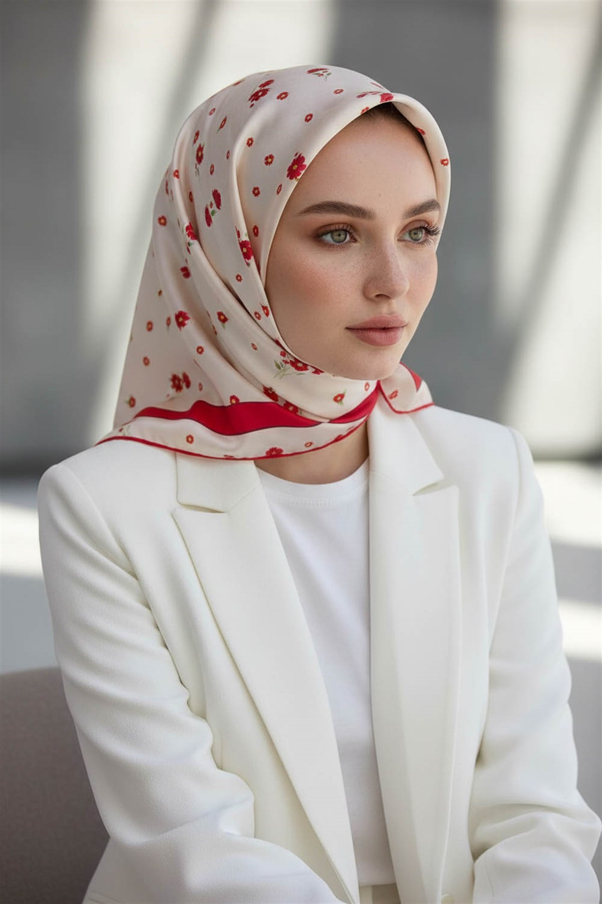 100% Twill İpek Bordürlü Çıtır Çiçek Desenli Kırmızı Renkli 90x90 Dikim Şekli : El Dikişi Eşarp